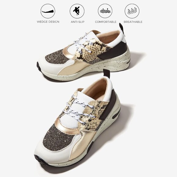 🆕Women Gold High Heel Wedge Sneakers Fashion Cliff Platform Retro Lace Up Shoes - Picture 3 of 8